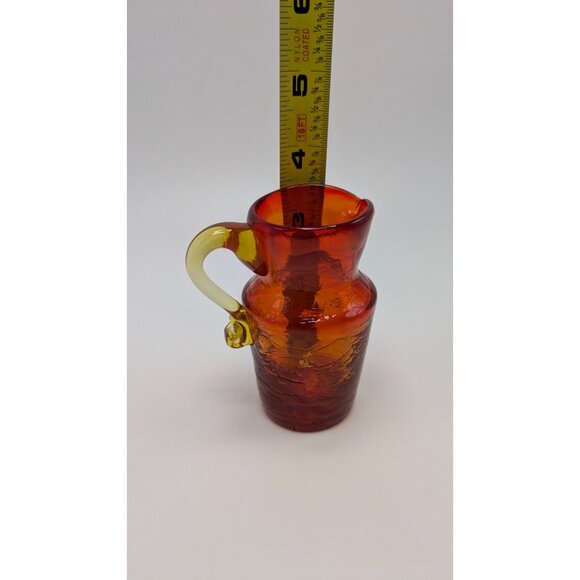 Blown Cracked Glass Amberina Pitcher Applied Handle Red Yellow Orange Vintage - Picture 10 of 10